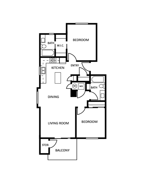 Floor plan for 2 beds, 2 baths, 1053 sqft